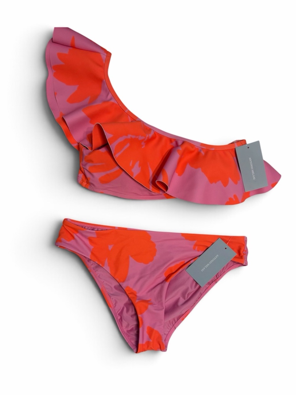 NWT Antonio Melani Ruffle Pink Orange One Shoulder Bikini Swimsuit Set Large New